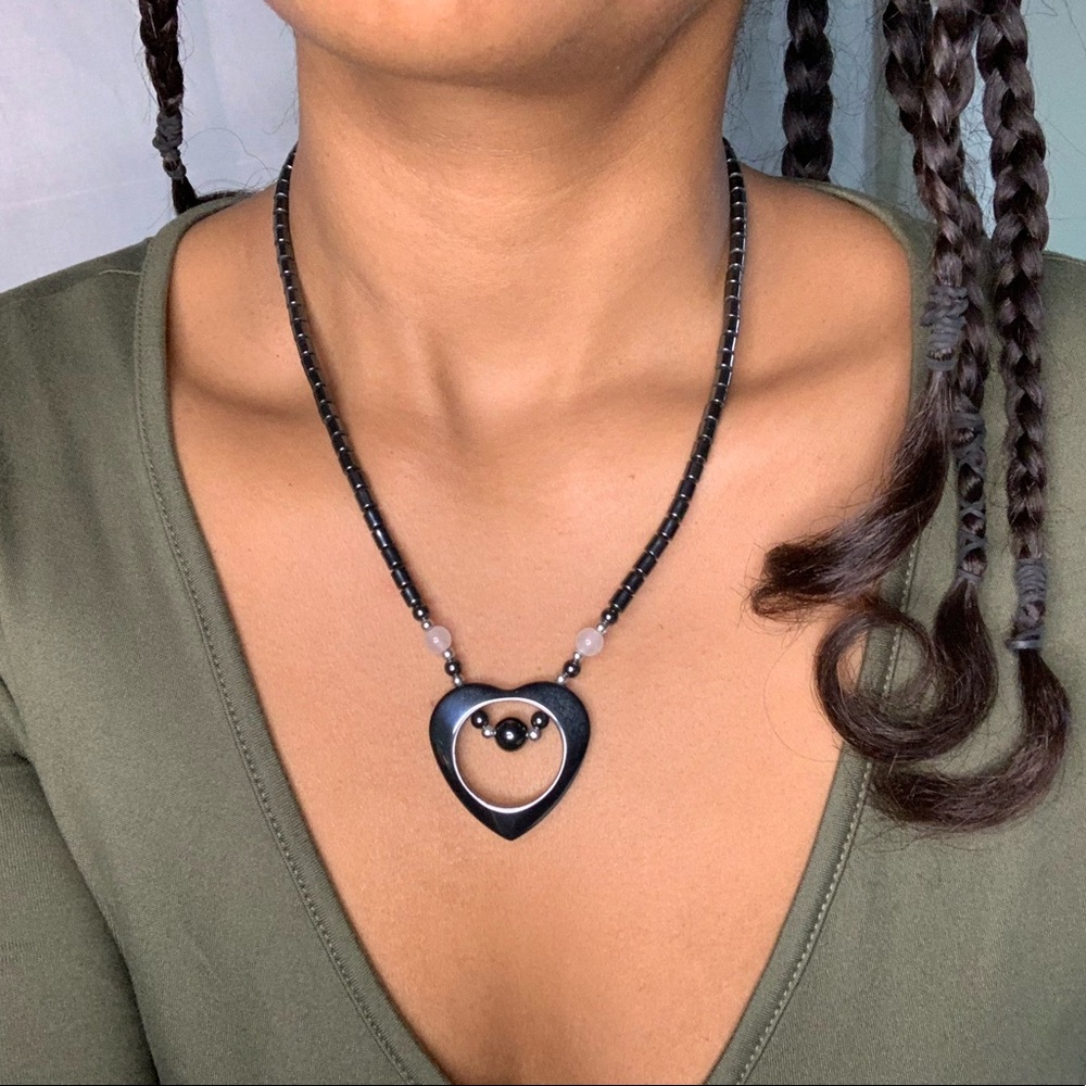 Y2k black Hematite & rose quartz bead heart necklace
